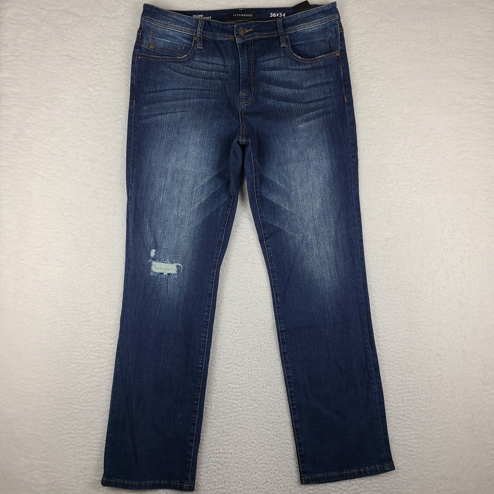 Liverpool Jeans Mens 36x34 Blue Relaxed Straight‎ Distress Dark Wash Denim NEW